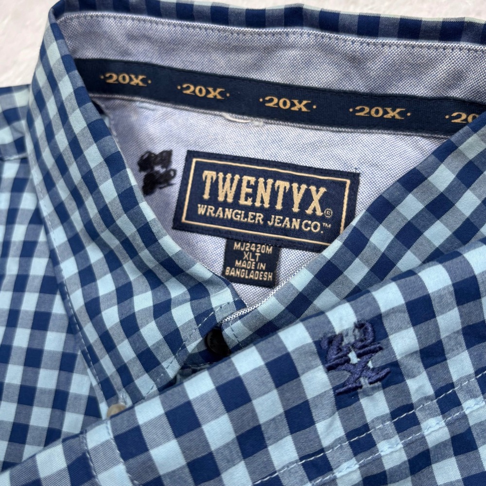 VTG Wrangler TwentyX Western Shirt Mens XLT TALL Blue Gingham Check Cowboy Rodeo